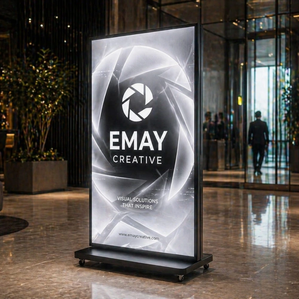 Dreiseitiger Tri-Fold LED Poster im Innenbereich für Promotions und Events